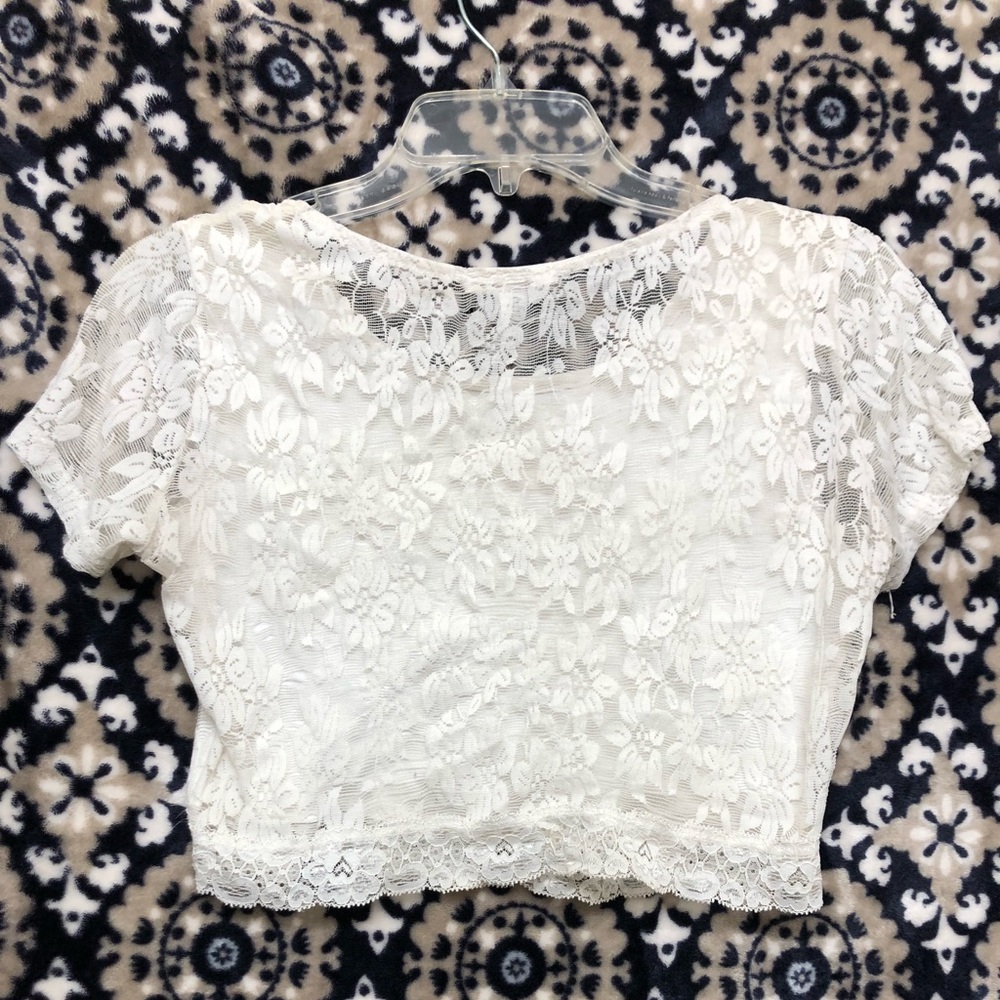 White Lace Front Cropped See through Shirt/Blouse